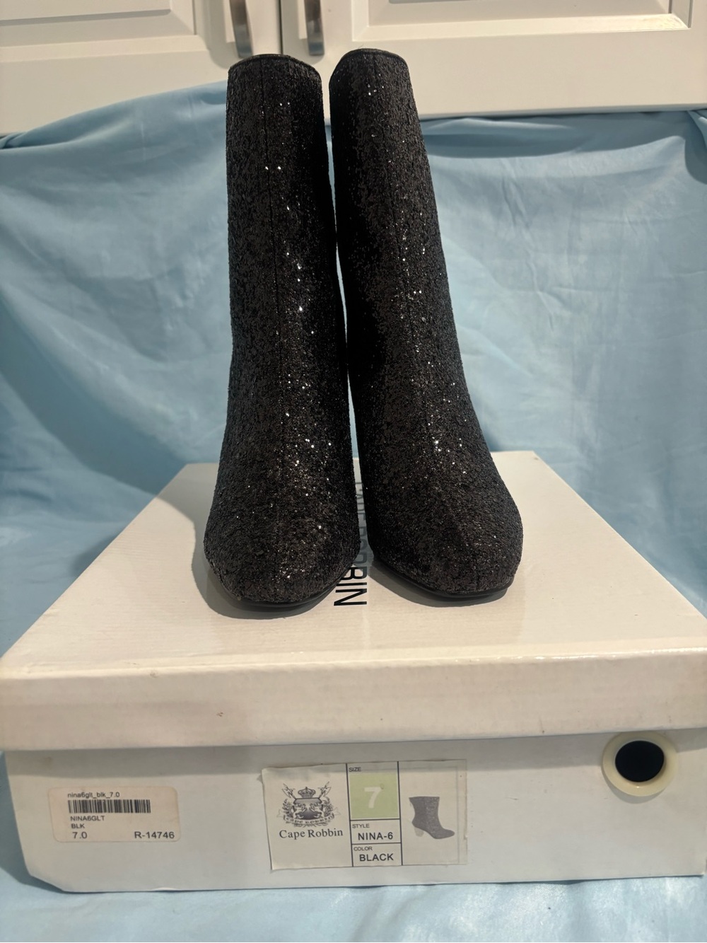 Cape Robbin Black Glitter Ankle Boots — Evening Block Heel